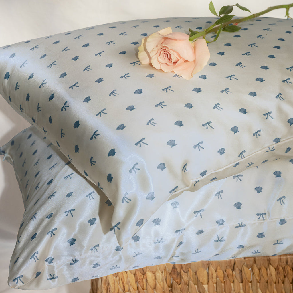 Satin Pillowcase in Pearlized Cream & Coastal Blue Print 2 Pack